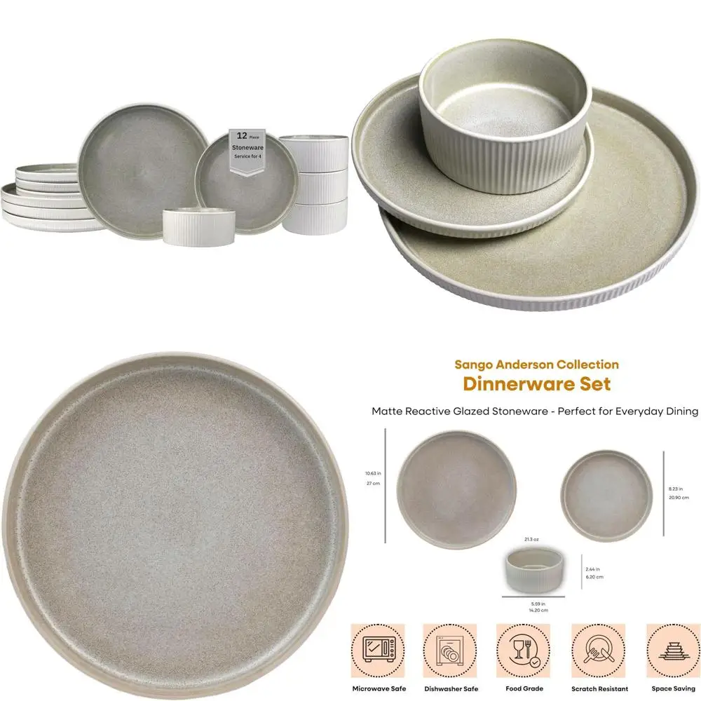 

12-Piece Stoneware Dinnerware Set, Cream Colored, Premium Plates, Bowls, Microwave & Dishwasher Safe