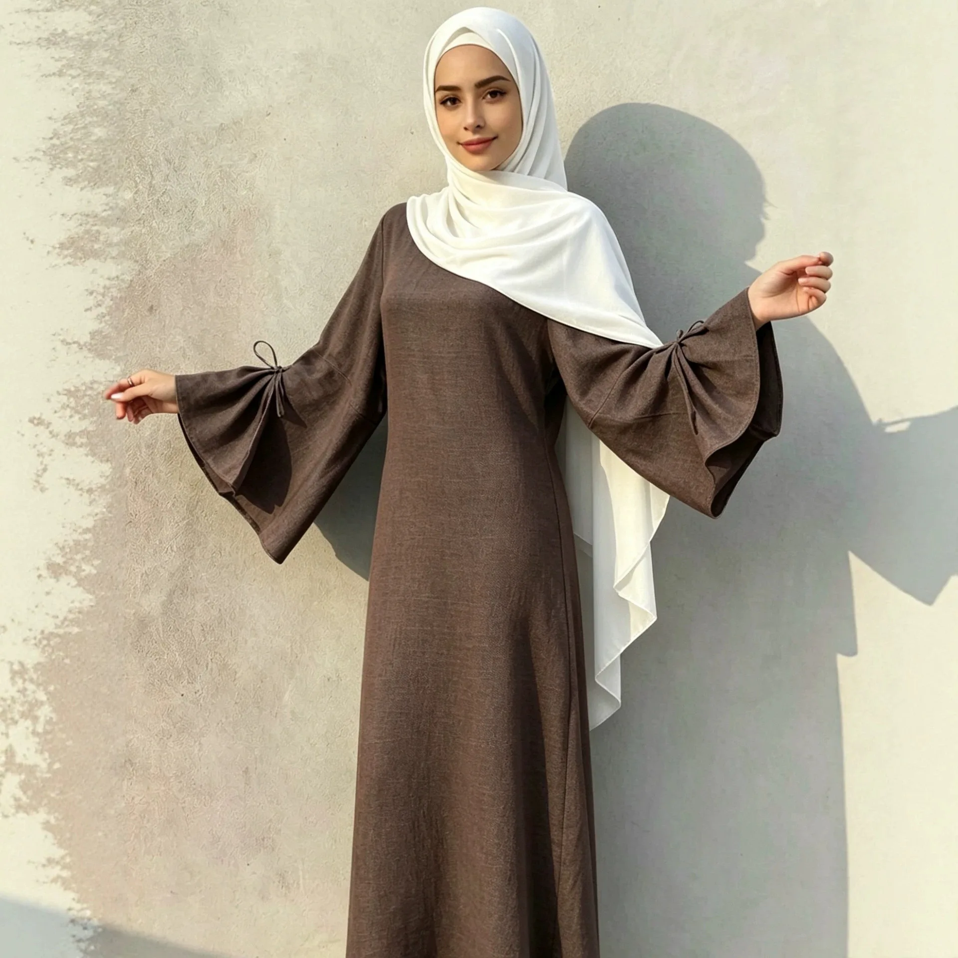 New Ladies Casual Loose Comfortable Long Dress Bell Sleeve Pure Color Cross-Border K210 Spring Fashion Chinese Ethnic Women's...