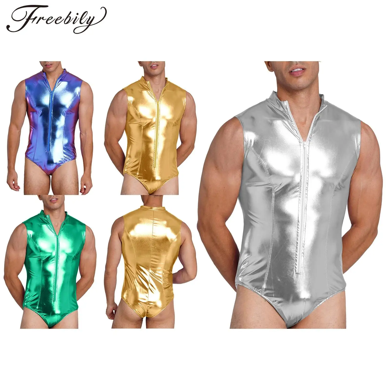 Men Shiny Metallic Bodysuit Sleeveless Zip-up Swim Leotard Swimwear One Piece Bathing Suit Rave Party Clubwear