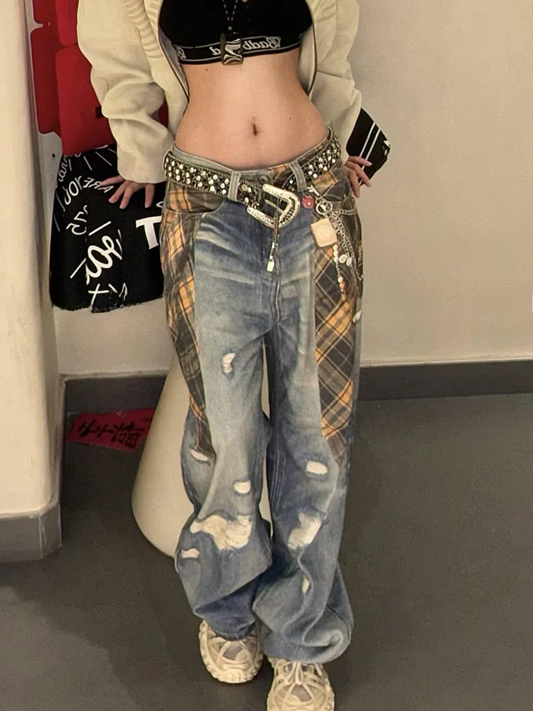 

Ретро-американская женская рубашка в клетку с 3D-принтом, джинсы с высокой талией, брюки-клеш в уличном стиле, модный индивидуальный дизайн, пошив на заказ