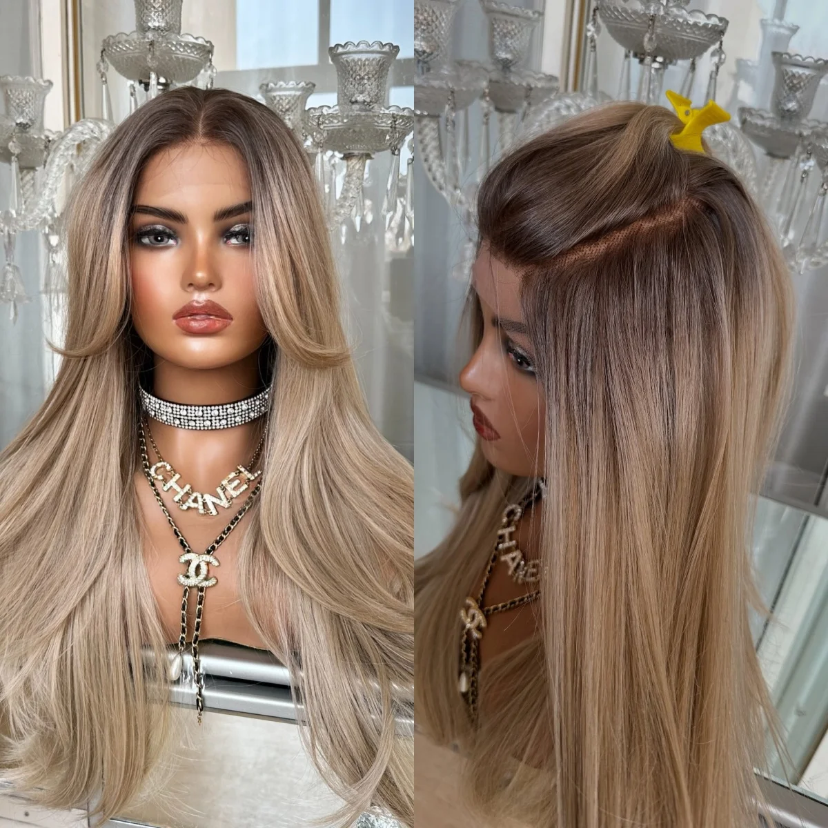 24 Inches Ombre Ash Platinum Blonde Synthetic Lace Front Wigs Medium Length Straight Premium Wig High Quality Realistic Wig