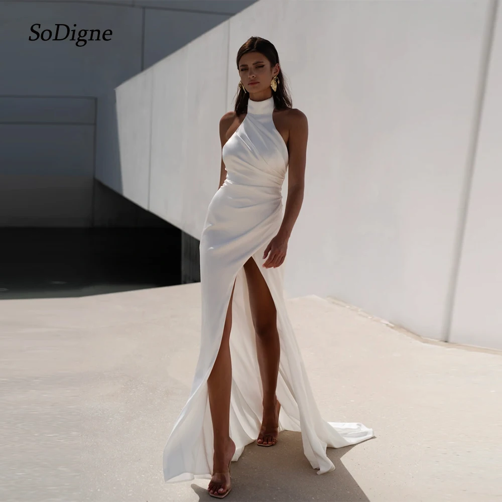 

SoDigne Mermaid Simple Satin Wedding Dresses Halter Sleeveless Split Bridal Dress Women Long Wedding Gown Customized