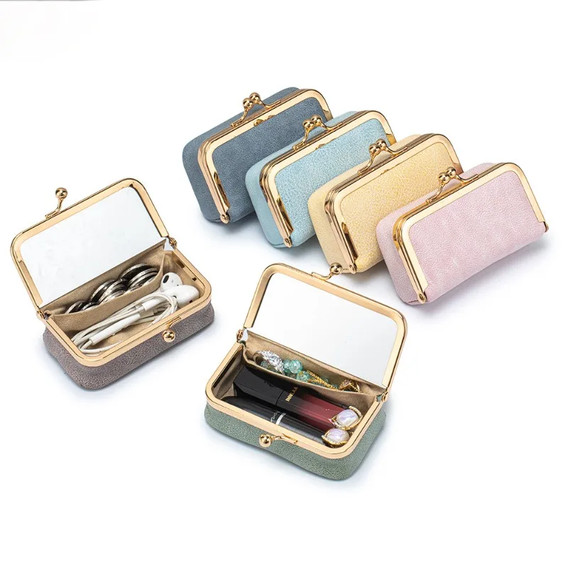 Brand Genuine Leather Kiss Lock Jewelry Case Portable Mini Lipstick Storage Box with Built-in Mirror for Ring Necklace Earring