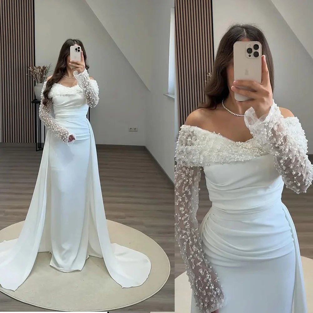 

Customized Radiant Square Collar Satin Long Sleeve Party Evening Dresses Beaded Backless Sheath Detachable Train Arab Prom Gown