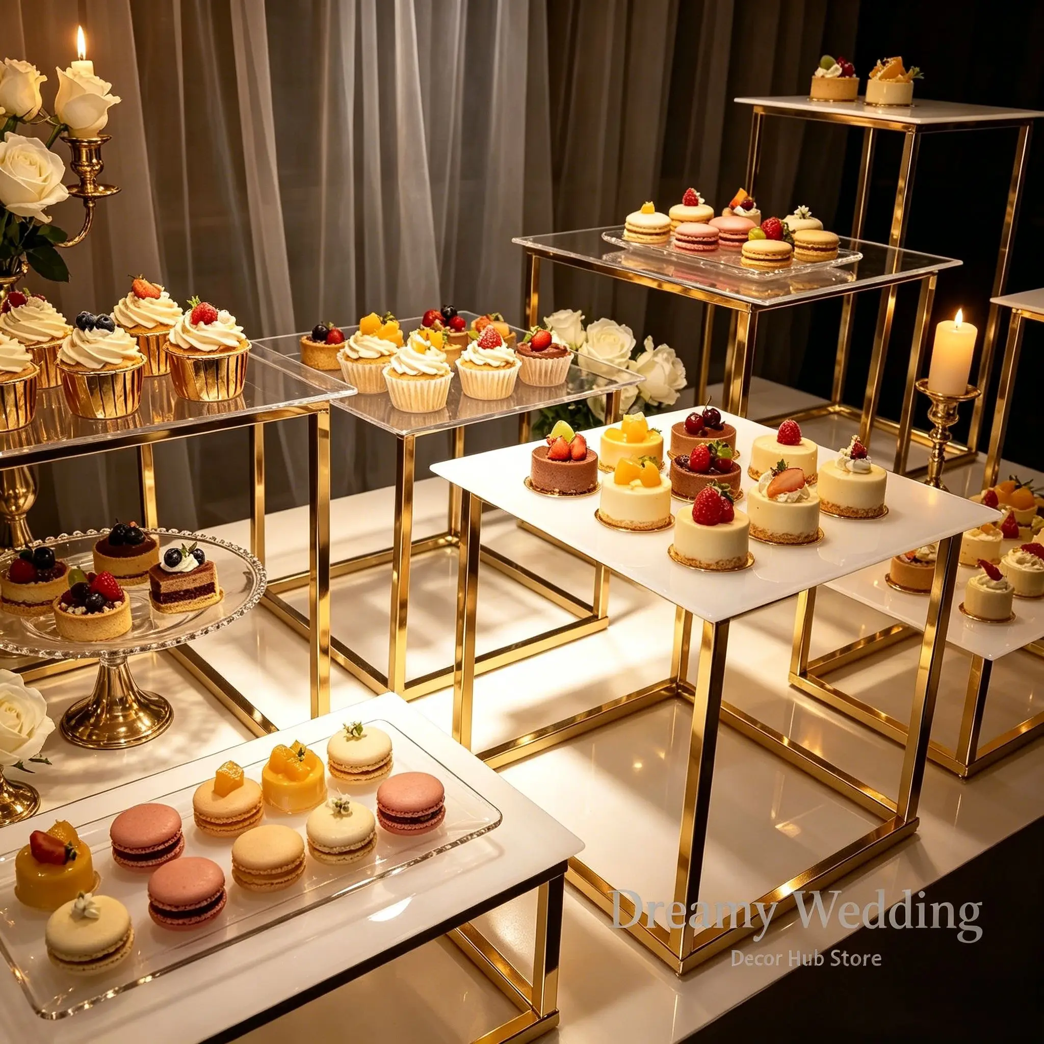 10-26pcs Metal Geometric Dessert Cake Table Display Racks White Acrylic Tray Garden Wedding Countryside Party Decoration