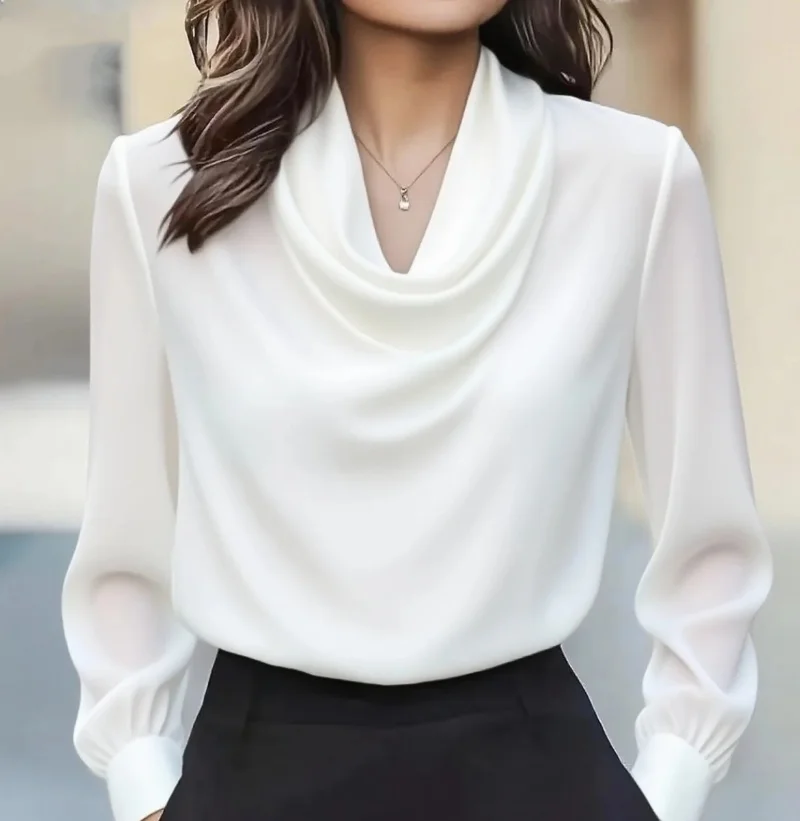 Autumn fashion elegant temperament solid colour simple swing collar long-sleeved shirt women