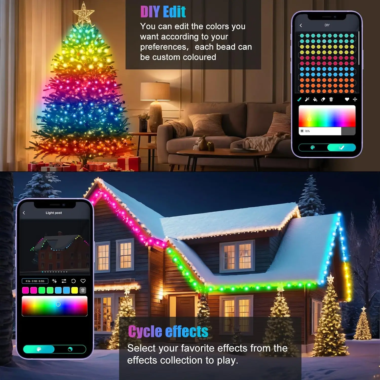 Smart Christmas String Lights, RGB Color Changing String Lights with App Controlled, USB Christmas Tree Lights Music & Mic Sync