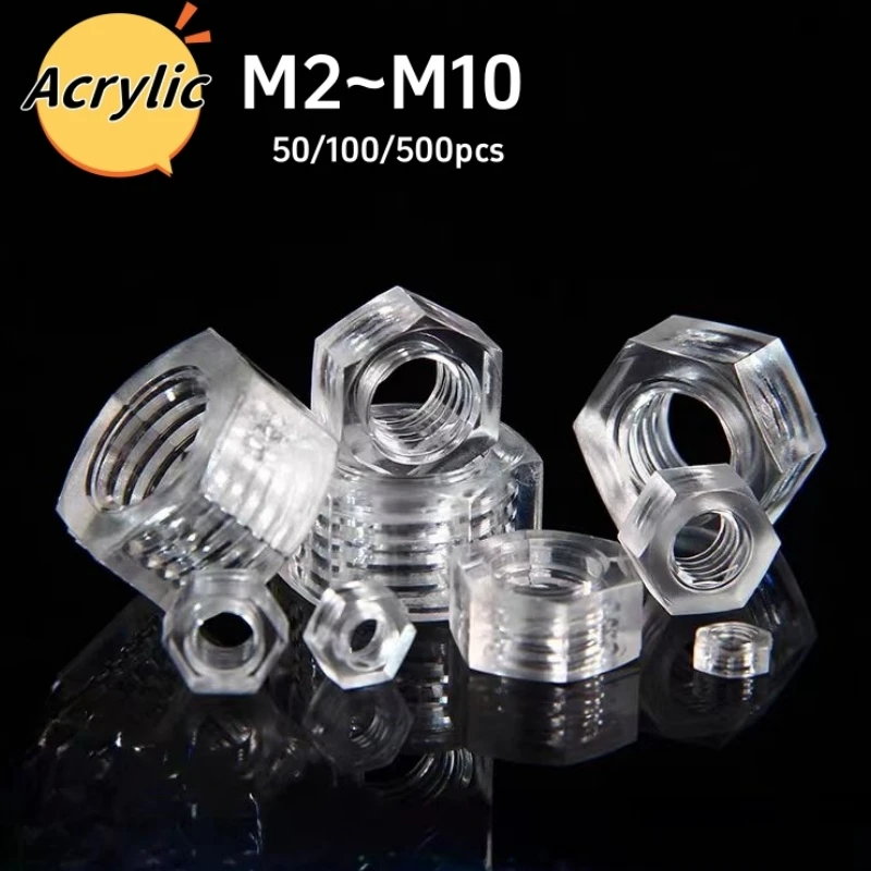 50/100/500pcs Acrylic Transparent Hexagon Nut M2 M2.5 M3 M4 M5 M6 M8 M10 Clear Nylon Plastic Metric Hex Nuts