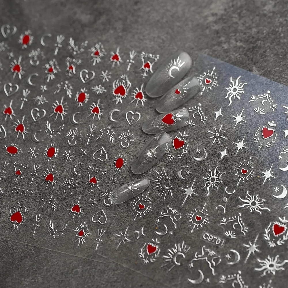 4 Uds. De pegatinas metálicas doradas y plateadas para decoración de uñas, sol/estrella/luna, bronceado 3D, láser, corazón rojo, calcomanías para uñas, 8x10cm, adhesivo para uñas