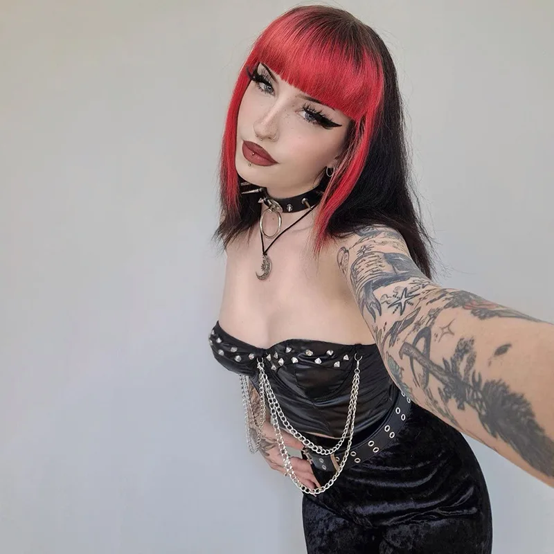 Gothic Dark Style Rivet Chain Leather Vest 2025 New Sexy Slim Slim Trouble Top for Women