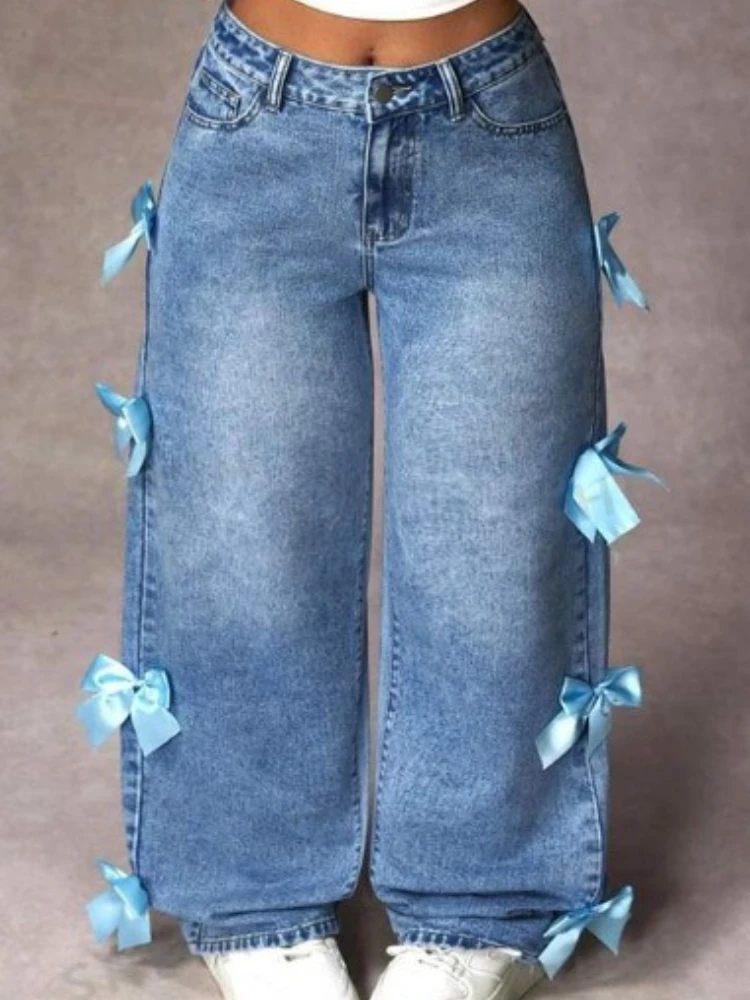 Y2k Pantaloni a gamba larga Jeans a vita alta lavati con fiocco da donna 2025 Streetwear Denims Pantaloni vintage dritti alla caviglia effetto consumato