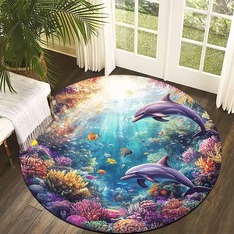 Undersea Dolphin World Round Rug Non‑Slip Ocean Coral Fish Print Floor Mat Bedroom Living Room Home Decor Soft Circle Carpet