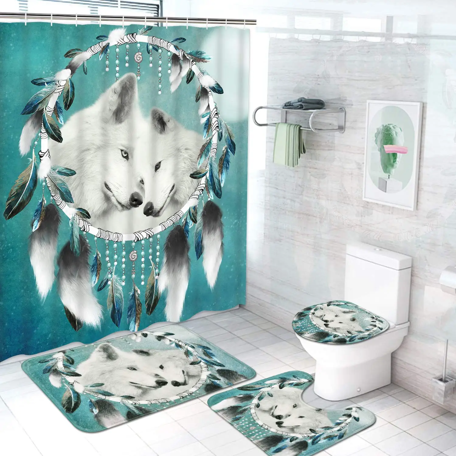 Mysterious Wolf Moon Shower Curtain Sets Rugs Toilet Lid Cover Bath Mat Waterproof Wild Animal Bathroom Shower Curtain Set Decor