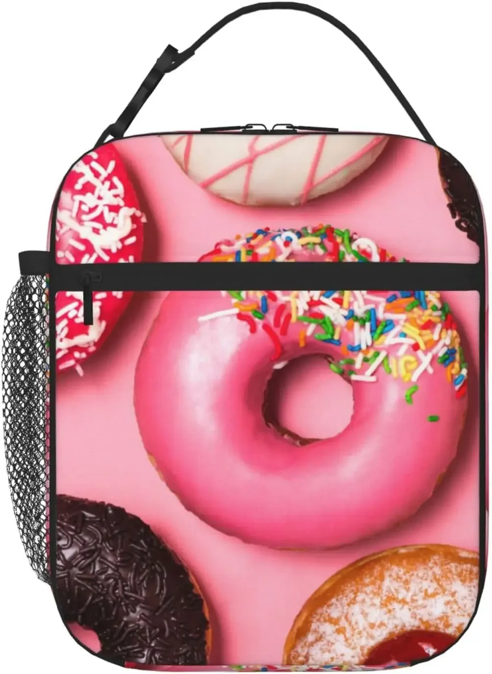 

Pink Donut Insulated Lunch Bag Women Reusable Leakproof Thermal Cooler Tote Bag with Side Pockets For Work Travel Picnic