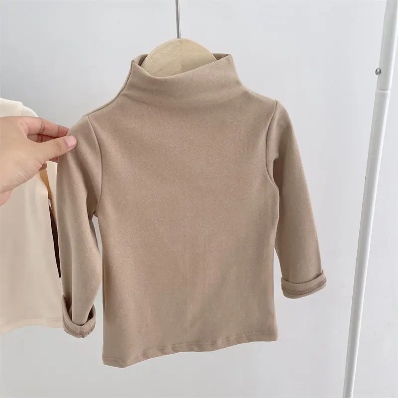 Autumn Winter Children Boys Girls T-shirts Kids Tops Turtleneck Solid Long Sleeve Warm Fleece Bottoming Shirts Tees for Kids