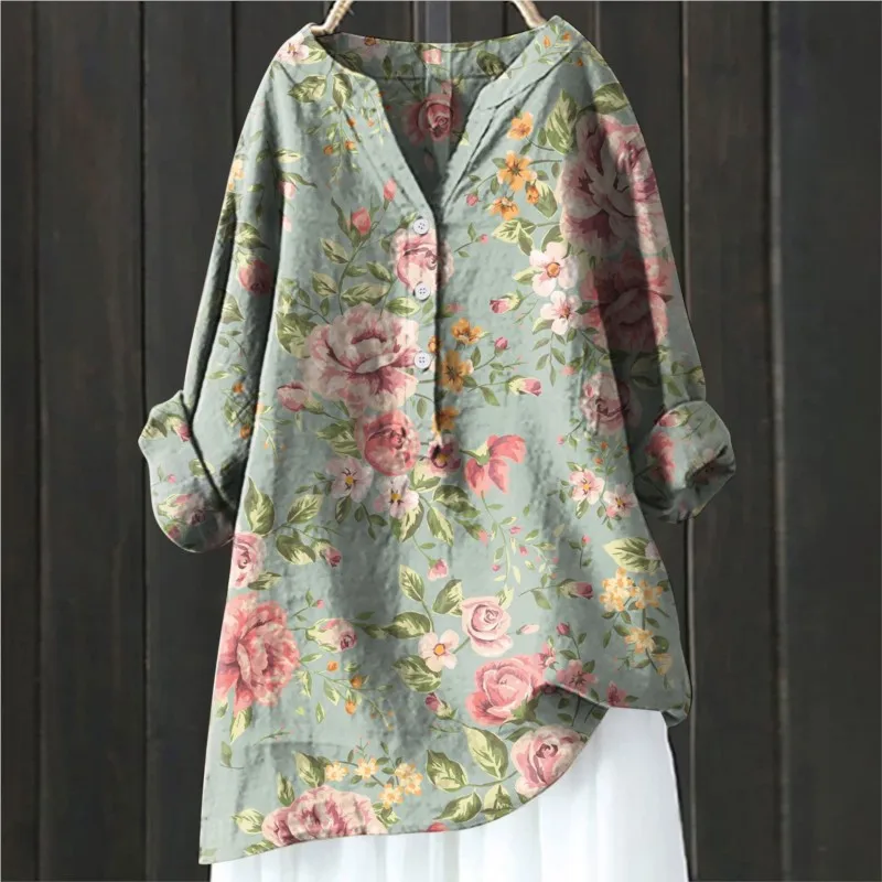 

Vintage Floral Art Print Linen Shirts New Summer Women Casual Trendy V Neck Dressy Blouses Long Sleeve Button Tunic Long Tops