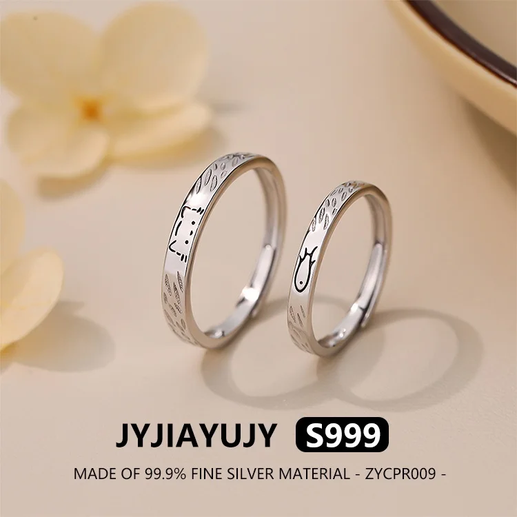 jyjiayujy-100-全体オリジナルファインシルバー-s999-カップルリング調節可能なオープンリング猫と魚ファッションジュエリー-zycpr009
