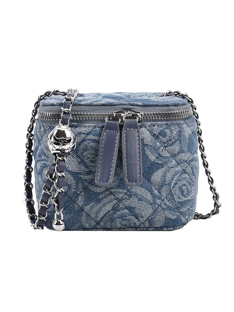 Blue Denim Rose Print Chain Crossbody Bag 2024 New Summer Cool Girls Zipper Box Small Square Bag Fashion Elegant Shoulder Bags