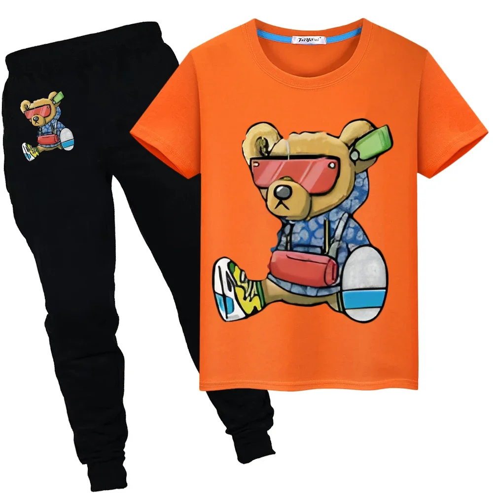 Summer suit Cartoon Bear Print 100%Cotton Short T-shirt Anime Tees pride tshirt boy girl Sets 2pcs Tops+pant kids clothes y2k