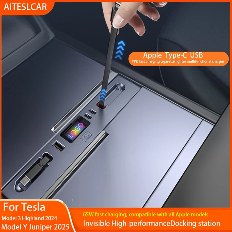 For Tesla New Model Y 2026 Launch Juniper Central Control Fast Charging TPYE-C USB HUB Model 3 Highland 2024 65W Expansion Dock