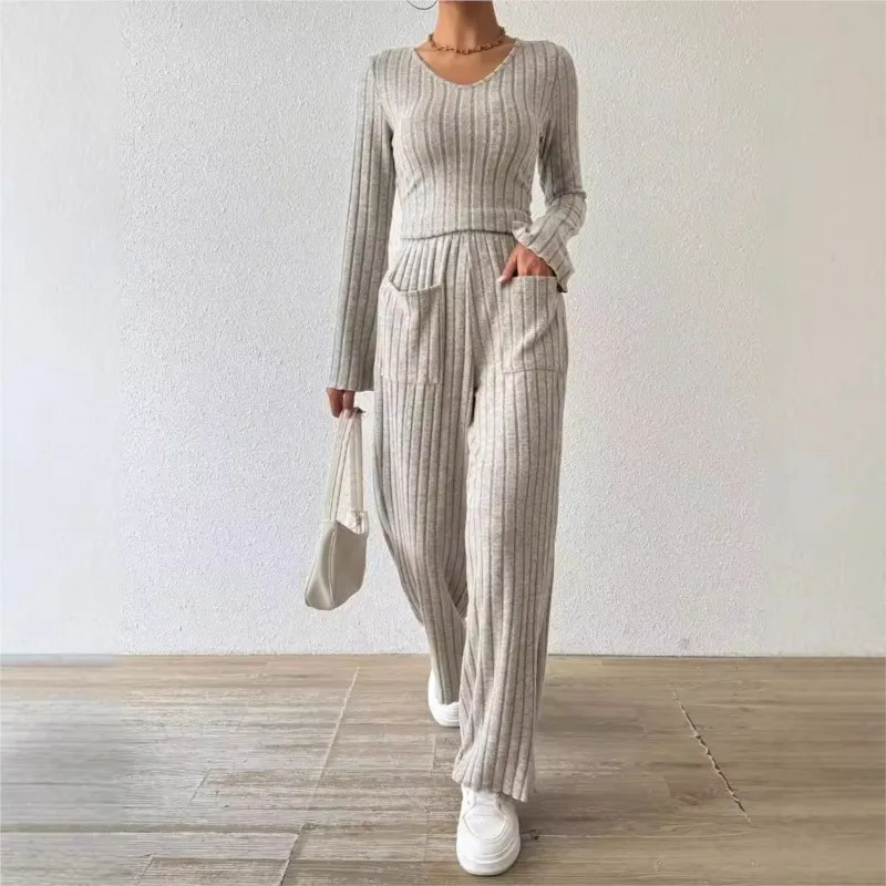 

New Pure Color Knitted 2 Piece Sets Women Simple V-Neck Long Sleeve Slim Tops & Pockets Pants Suit Female Home Wear 2 Piece Set