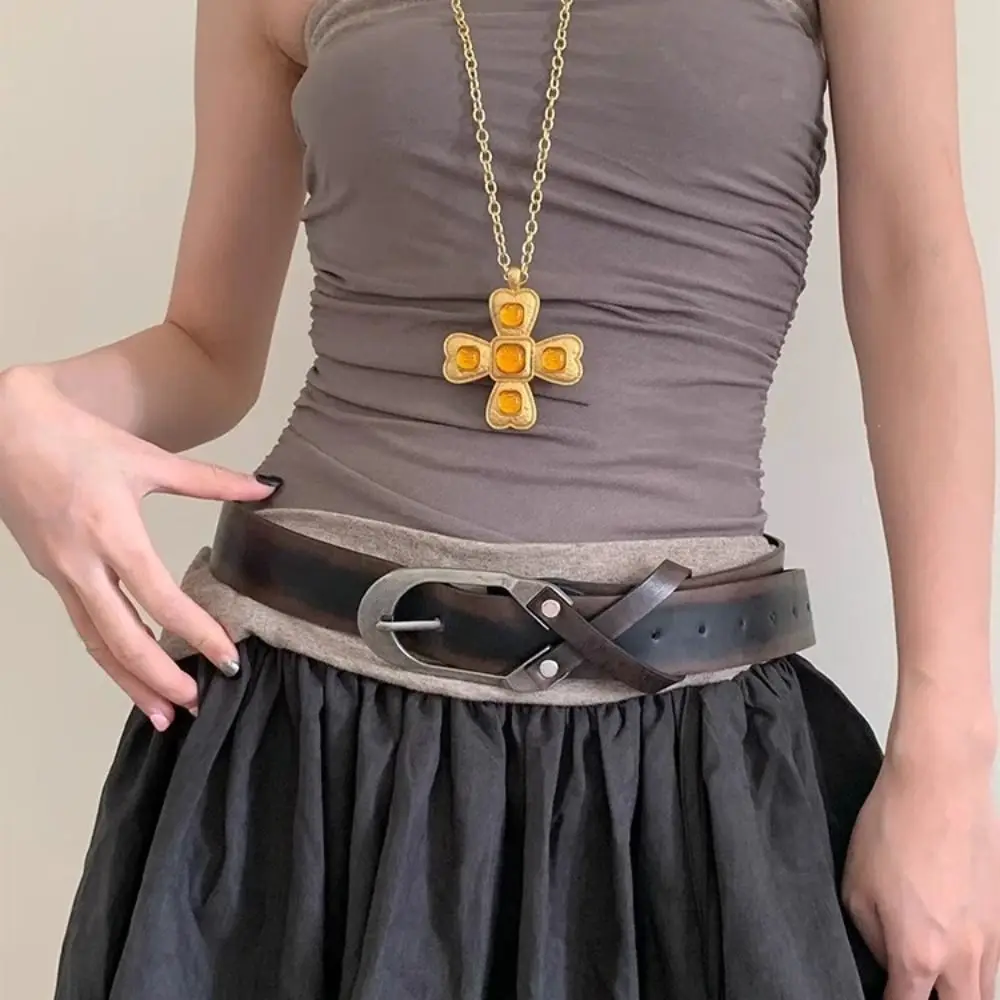 Trendy Vintage Women's Belt Pu Leather Y2k Cross Waist Belt American Black Brown Dress Jeans Belt Unisex