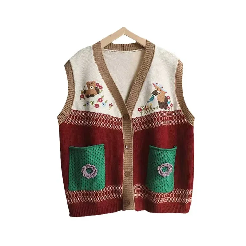 Kimotimo Vintage Colorblock Bear Embroidery Flower Knit Vest Women Korean Sweet Outwear Single Breasted Cardigan Sweater Coat