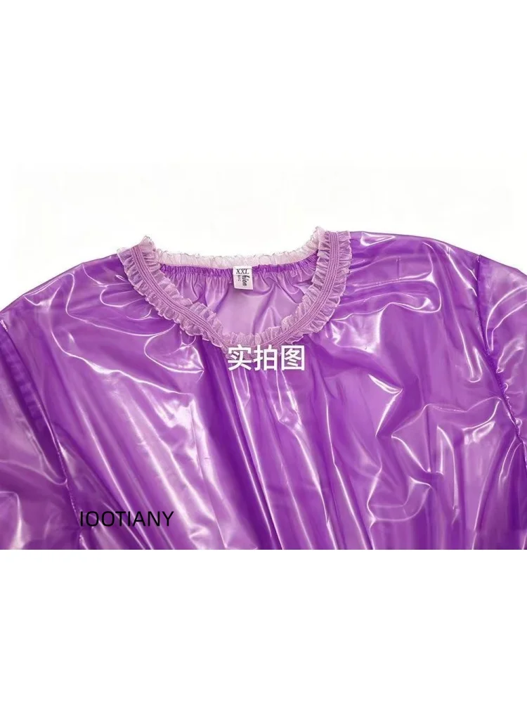 Glänzendes, transparentes PVC-Midi-Kleid für Damen, elegantes Design, kurze Puffärmel, elastischer Bund, fließendes, langes Kleid, ideal für Raves, Cosplay und als Clubbekleidung. – Detail 11