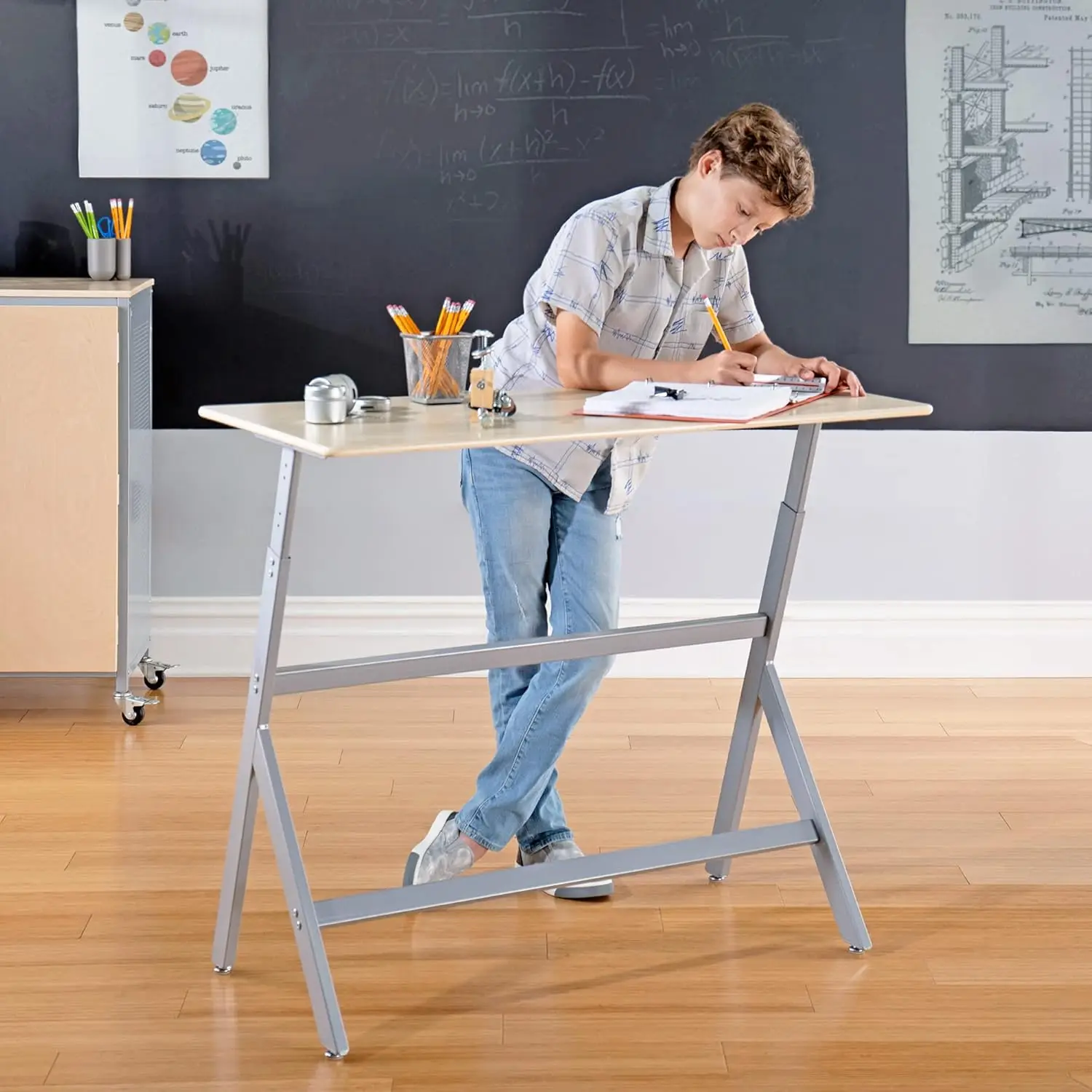 

Standing Collaboration Desk for Kids and Adults: Adjustable Height Birch Plywood Table with Metal Legs for Home, Office,