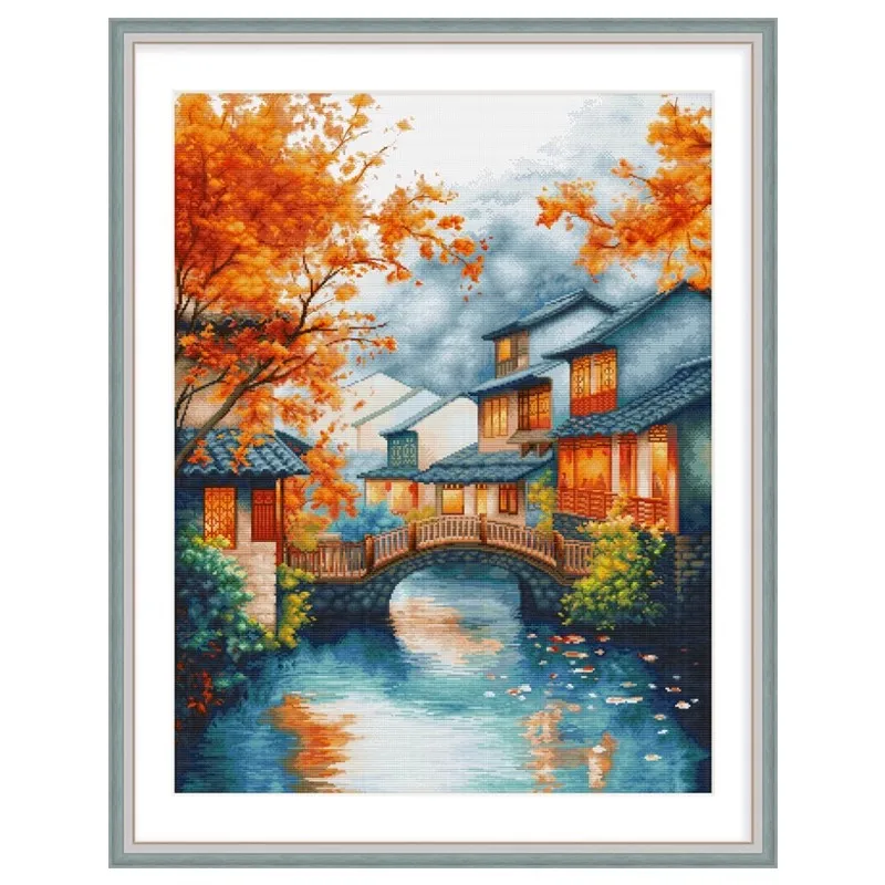 Cross Stitch11CT 14CT Autumn Jiangnan Water Town Embroidery DIY Printed Kits  Needlework Sets Home Decor Crafts 80 Colors