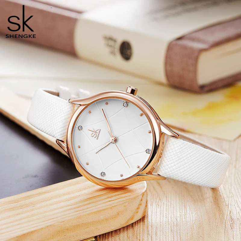 Shengke Women\'s Watches Fashion Leather Wrist Watch Plaid Ladies Watch White Clock Reloj Mujer Bayan Kol Saati Montre Feminino