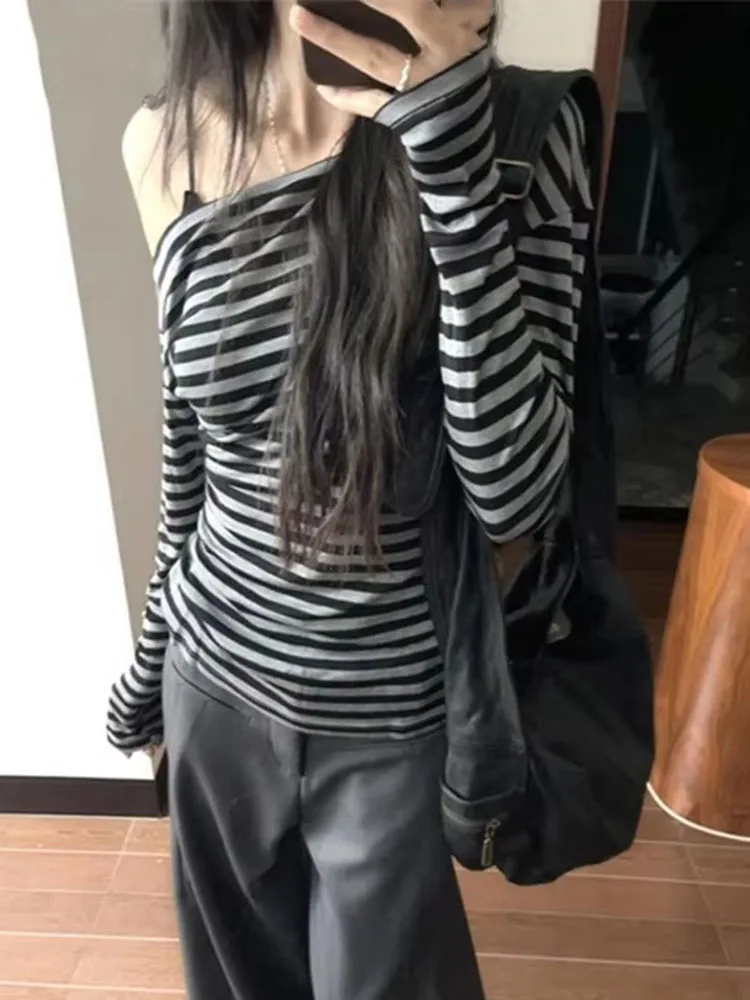 Women T Shirts Striped Printed Diagonal Collar Off Shoulder Long Sleeve Tops Vintage Grunge Y2k Aesthetic Female Tee