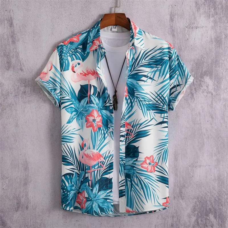Men's Fashion Hawaiian Shirt 2023 Geometric Flower Printed Wide Fit PU Leather Thickened  Collar Nine Sleeve Length