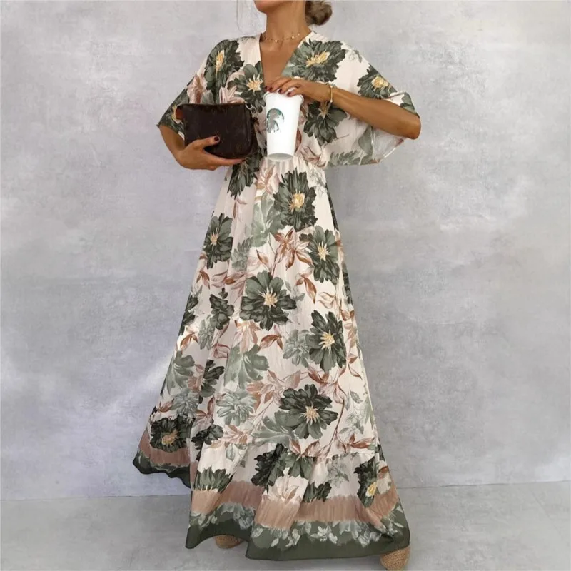 Elegante schicke lange Kleider mit Blumendruck, Boho-Mode, V-Ausschnitt, Drehärmel, elastisch, hohe Taille, Urlaubs-Partykleid, Herbst 2025, Herbst