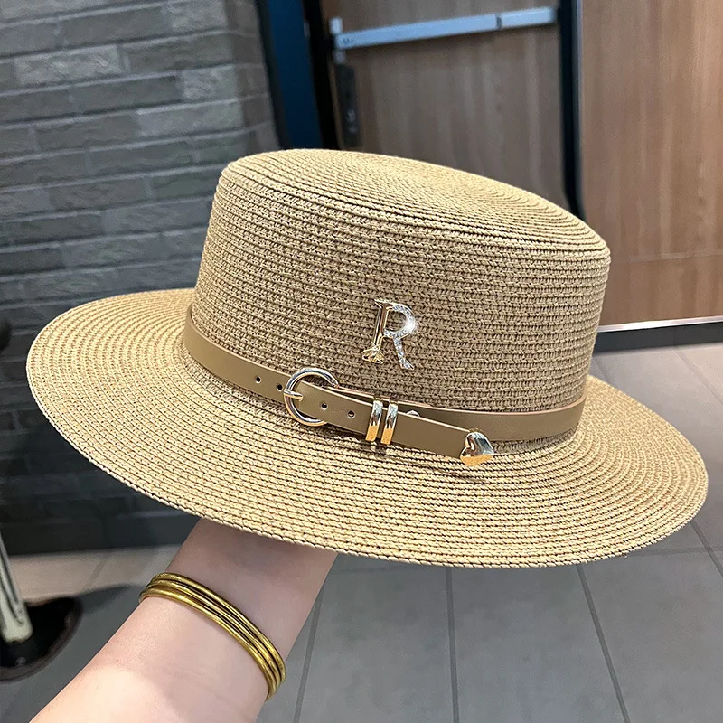 Luxury Designer Summer Panama Reinstone R Letter Belt Buckle Flat Top Sun Hat Lady Travel Sunshade Big Brim Straw Hats Fedora