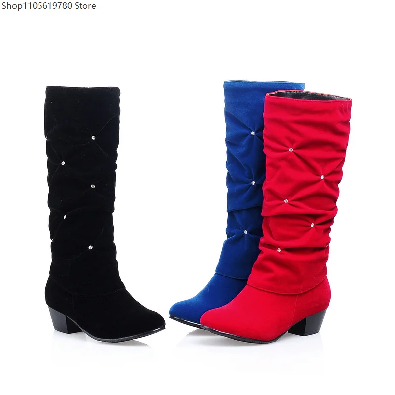 Autumn Winter Suede Women Wrinkle Rhinestone Chunky Mid Heel Mid Calf Plus Size Boots For Cross Border Cosplay Party Outfit 2