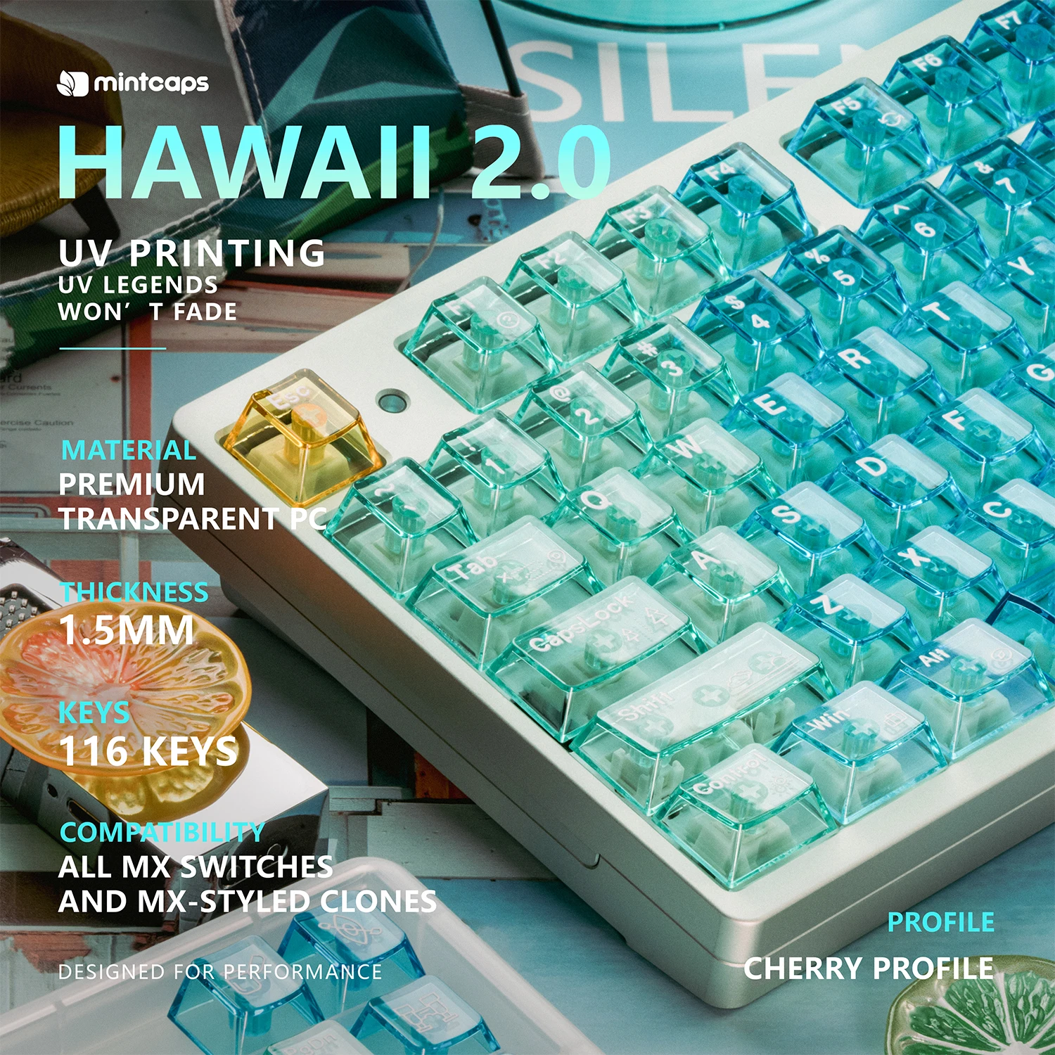 HAWAII 2.0 Keycaps Blue Transparent UV Backlit Keycap Sets Cherry Profile Key Caps For MX 61 64 87 96 104 Mechanical Keyboard