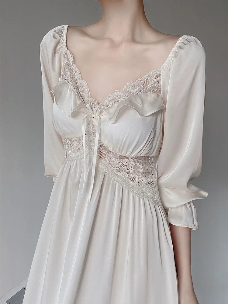 

Spring Summer New Retro High-End Ice Silk Long Dr Spwear Women's Home Clothes Wedding Morning Robe Sweet Sle V-Ne