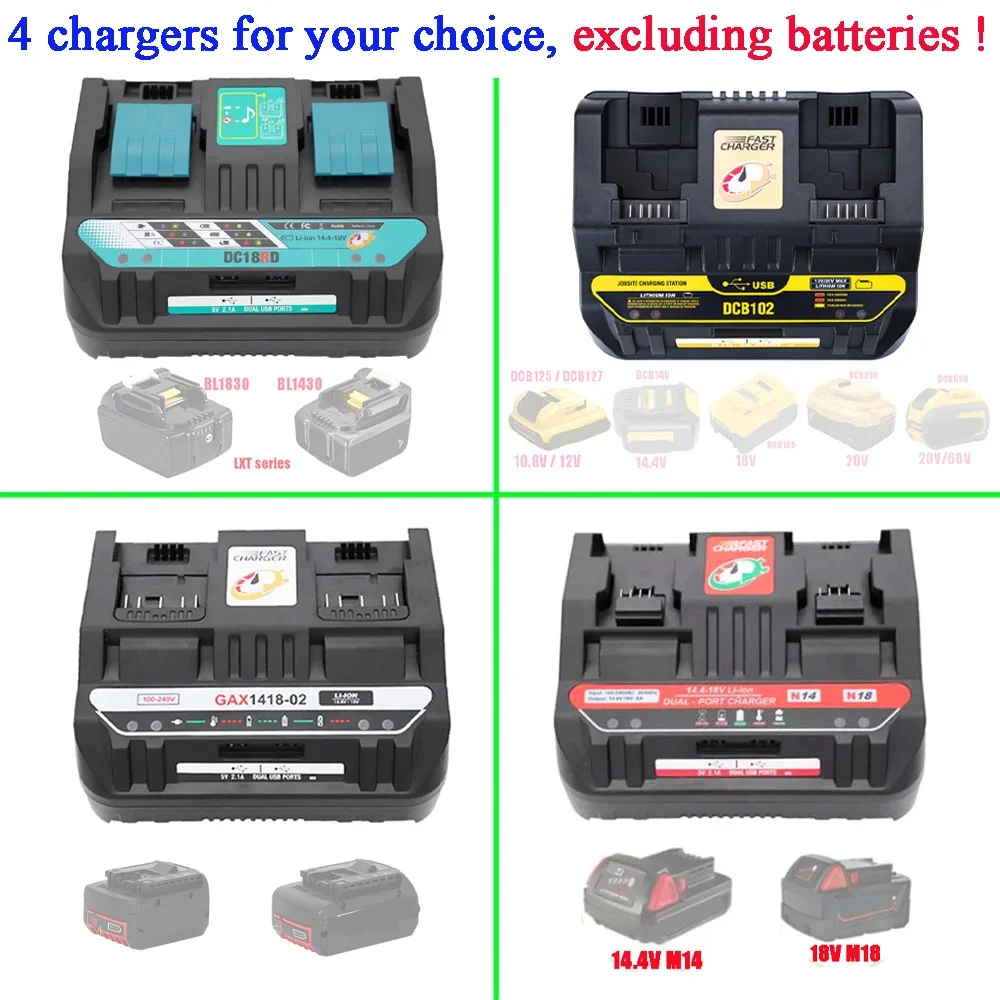 2 Port Li-Ion Battery Charger For Makita For Bosch For Dewalt For Milwaukee 14.4V 18V 20V DC18SF DCB102 BS1418 BL1830 AL1860