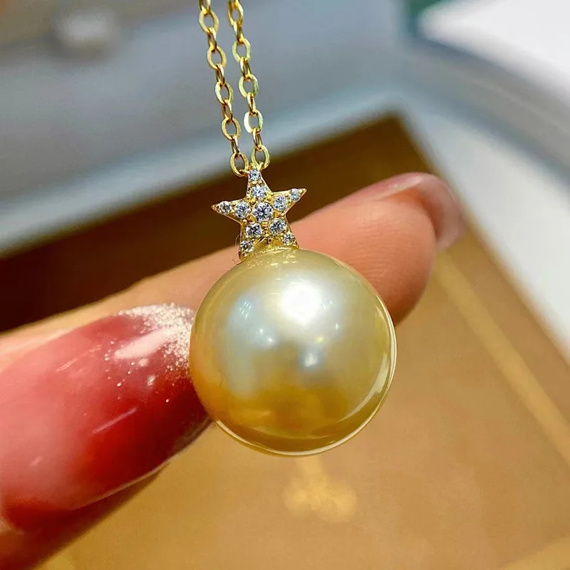 

N 14-15Mm Nanyang Gold Bead Pendant Women's Natural Seawater Pearl Necklace Perfect Circle Flaw 18K Gold Luxury Premium