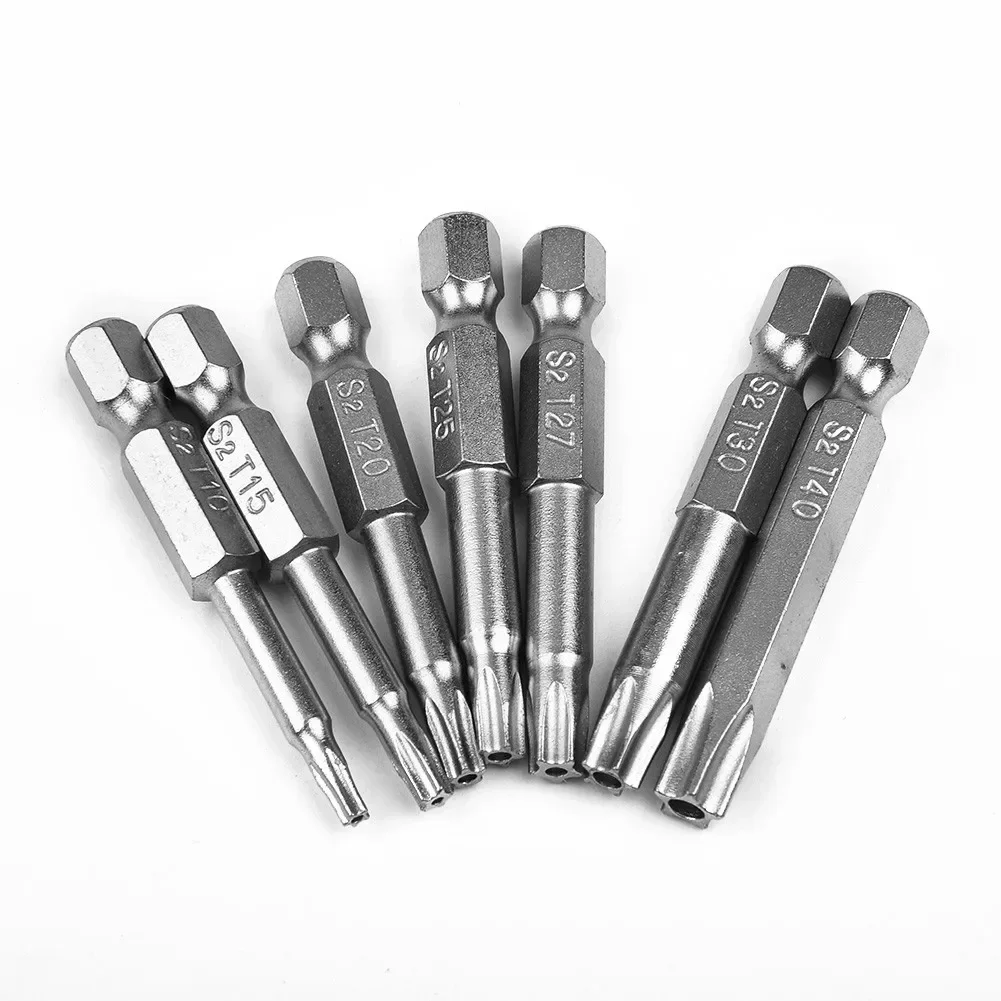 

7Pcs 1/4" Hex Shank 50mm Alloy Steel Five Point Five Star Magnetic Silver T10-T40 Practical To Use High Grade