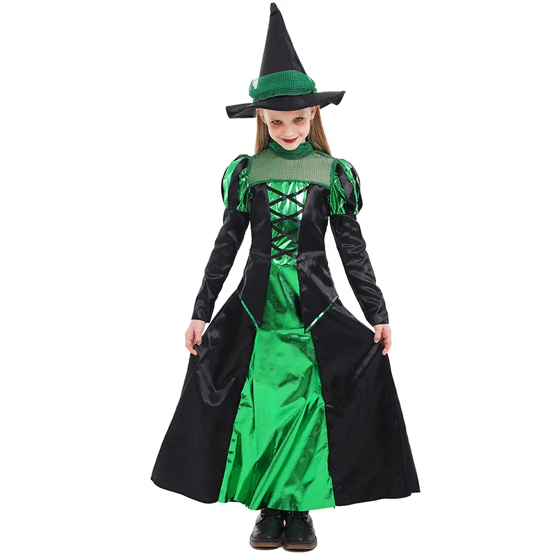 

Girls Magician Green and black witch's dress witches' hats Witch Sorceress Costume Children's Day Cosplay Carnival Party Dress