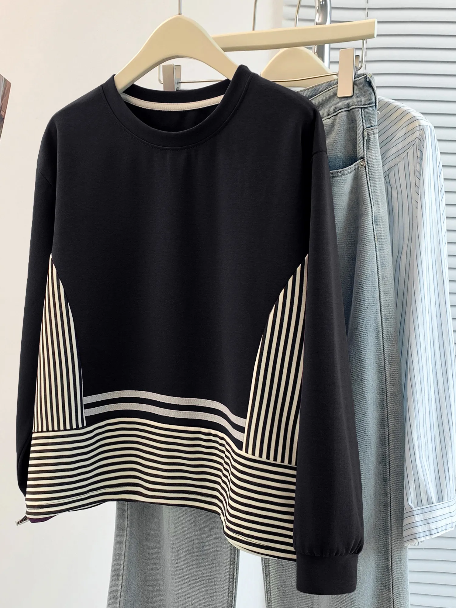 

Casual Sle Patchwork Hoodie Women's plus Size Autumn Winter round Ne All Match Sweatirt Striped Splicing Long Sve Top