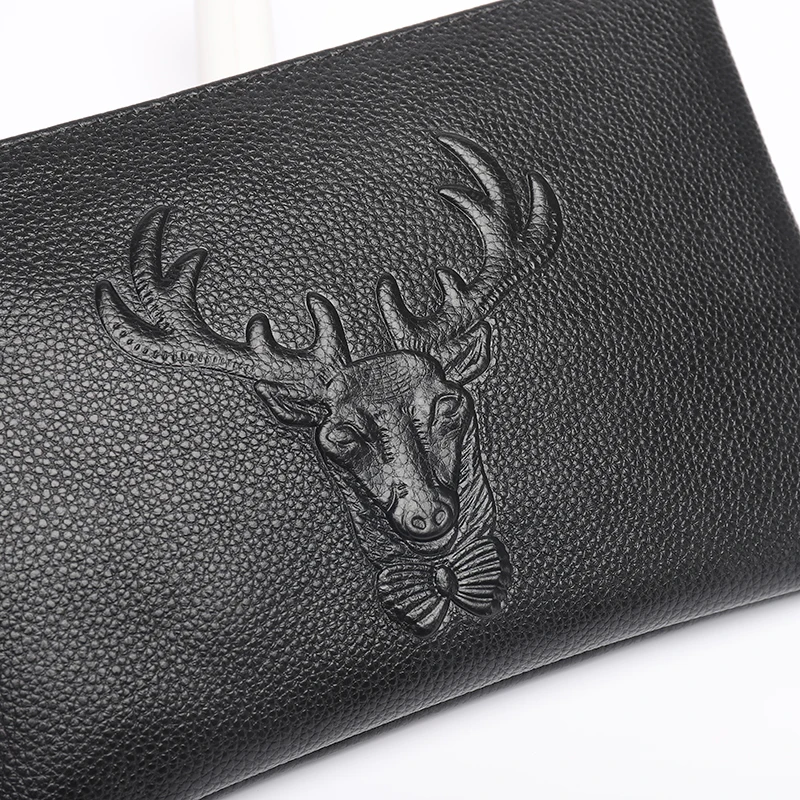 FEIDIKABOLO Cow Leather Clutch Wallet for Men Long Design Fashion Emboss Deer Man Bag Purse Classic Design Man Mobile Cash Purse