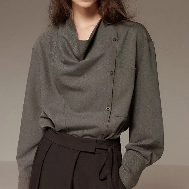 

Gray Drape Shirt Vintage Swing Collar Long-sleeved Shirt Base Shirt Girl