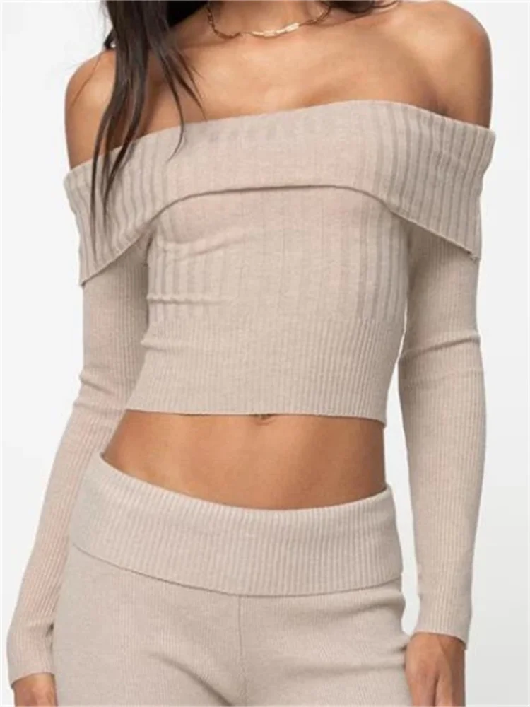 CHRONSTYLE Knitted Ribbed Long Sleeve T-shirts Crop Tops for Women Slash Neck Off Shoulder Slim Fit Solid Tees Shirts Streetwear