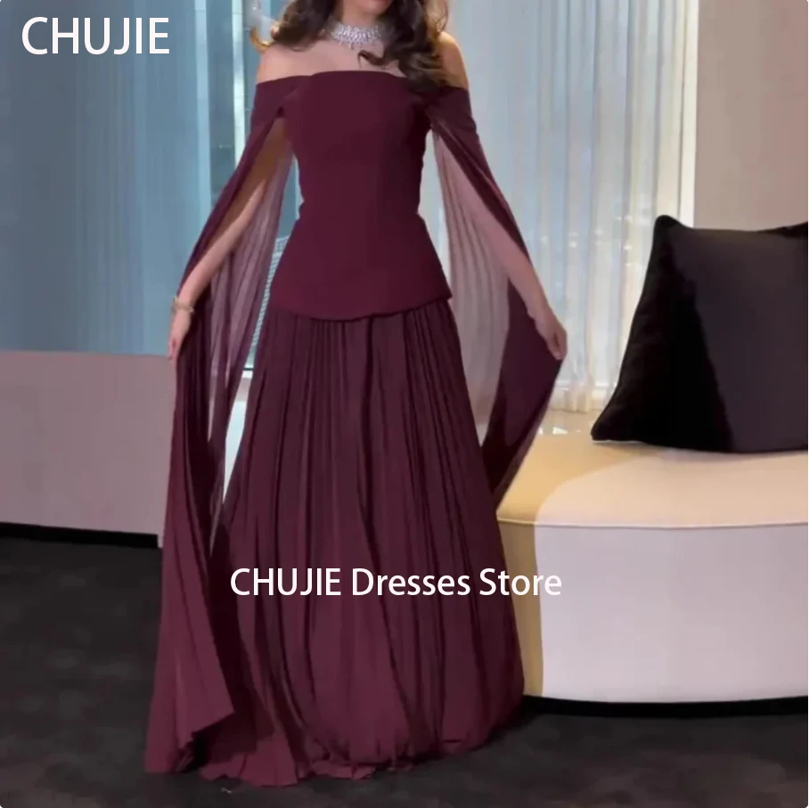 

Plum Chiffon Evening Dresses A Line Draped Cocktail Party Fashion Formal Gown With Shawl Prom Dress فستان المساء Customize