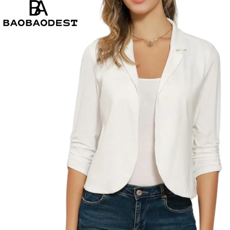 

"Custom Women's Knitted Blazer Jacket – Open Front Cropped Cardigan Coat, 3/4 Sleeve Casual Office Wear, Lightweight Loose Fit