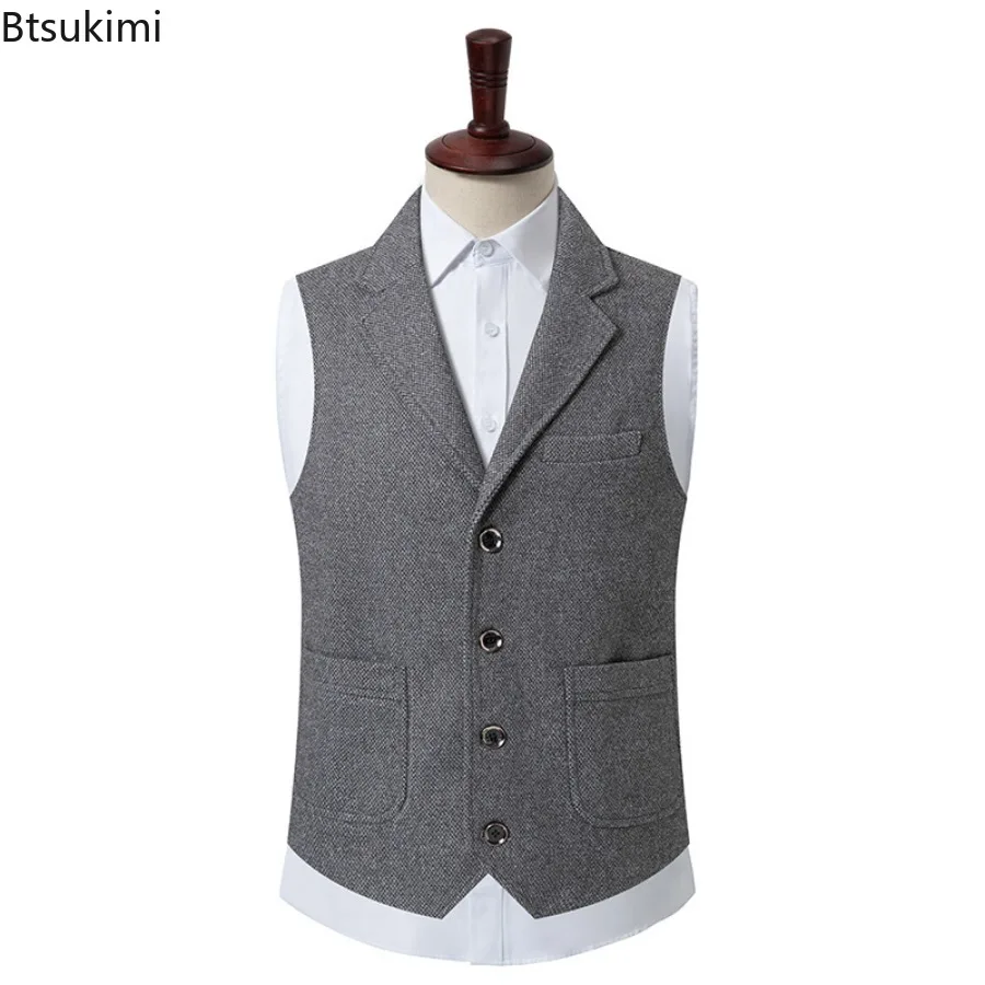 2024 Spring Autumn Vests for Men Casual Vest Jacket Wool V-neck Slim Solid Waistcoat Fashion Versatile Suit Vest Men's Clothes