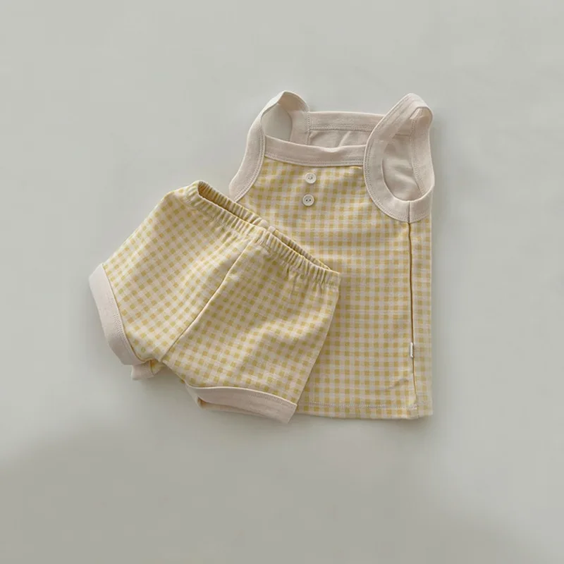 6-36M Newborn Kid Baby Boy Girl 2pcs Clothes Set Plaid Sleeveless Tank Top Shorts Set Summer Gingham Two Piece Set Baby Outfit